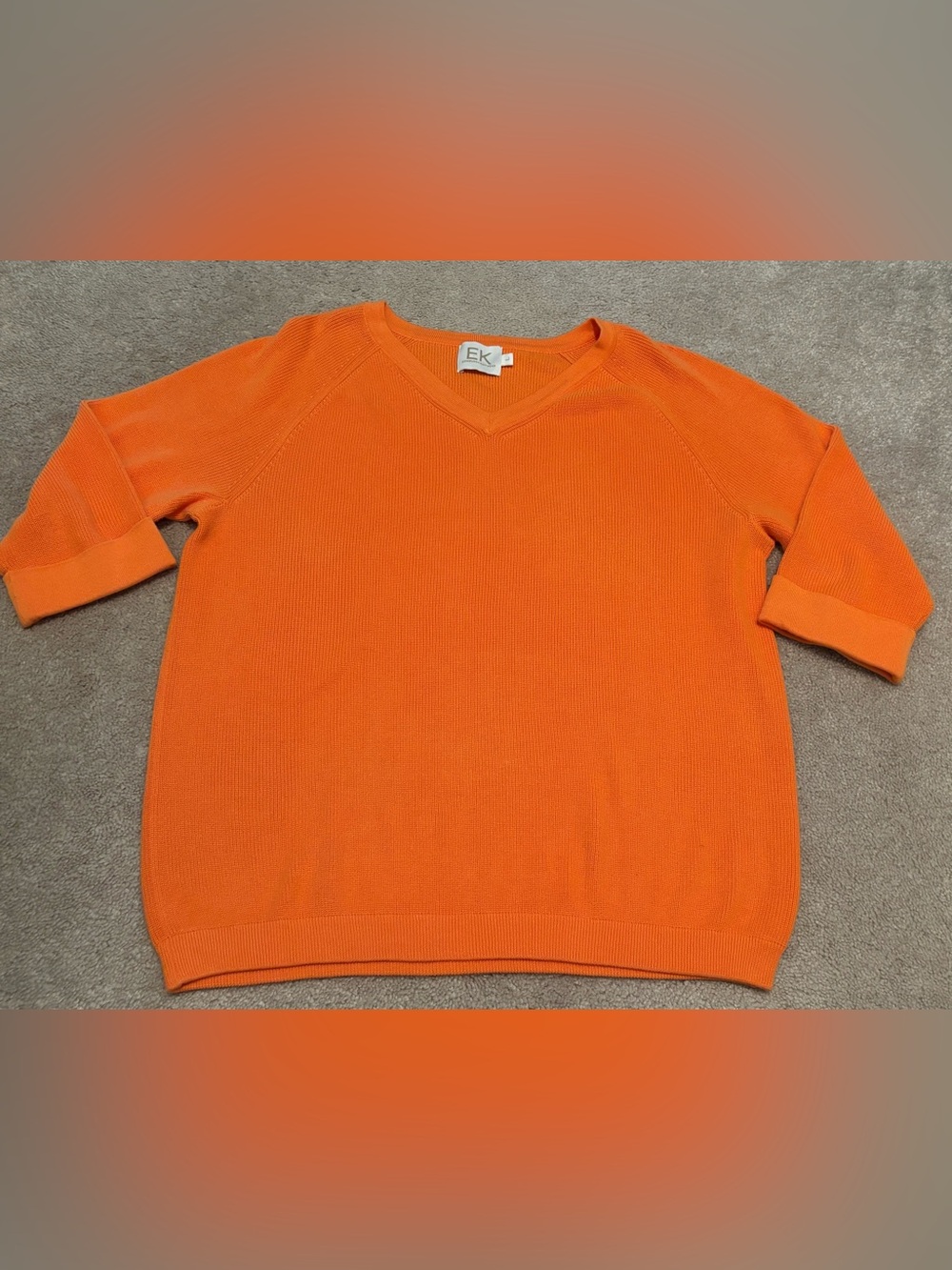 Edinburgh Knitwear Women’s Large Orange V-Neck Sweater Pima Cotton Half Sleeve